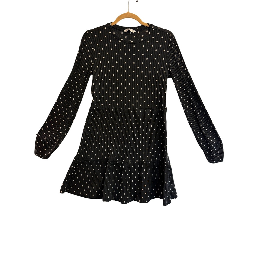 Stradivarius Mini Dress Womens S Black Polka Dot Ribbed Tiered Ruffle Babydoll
